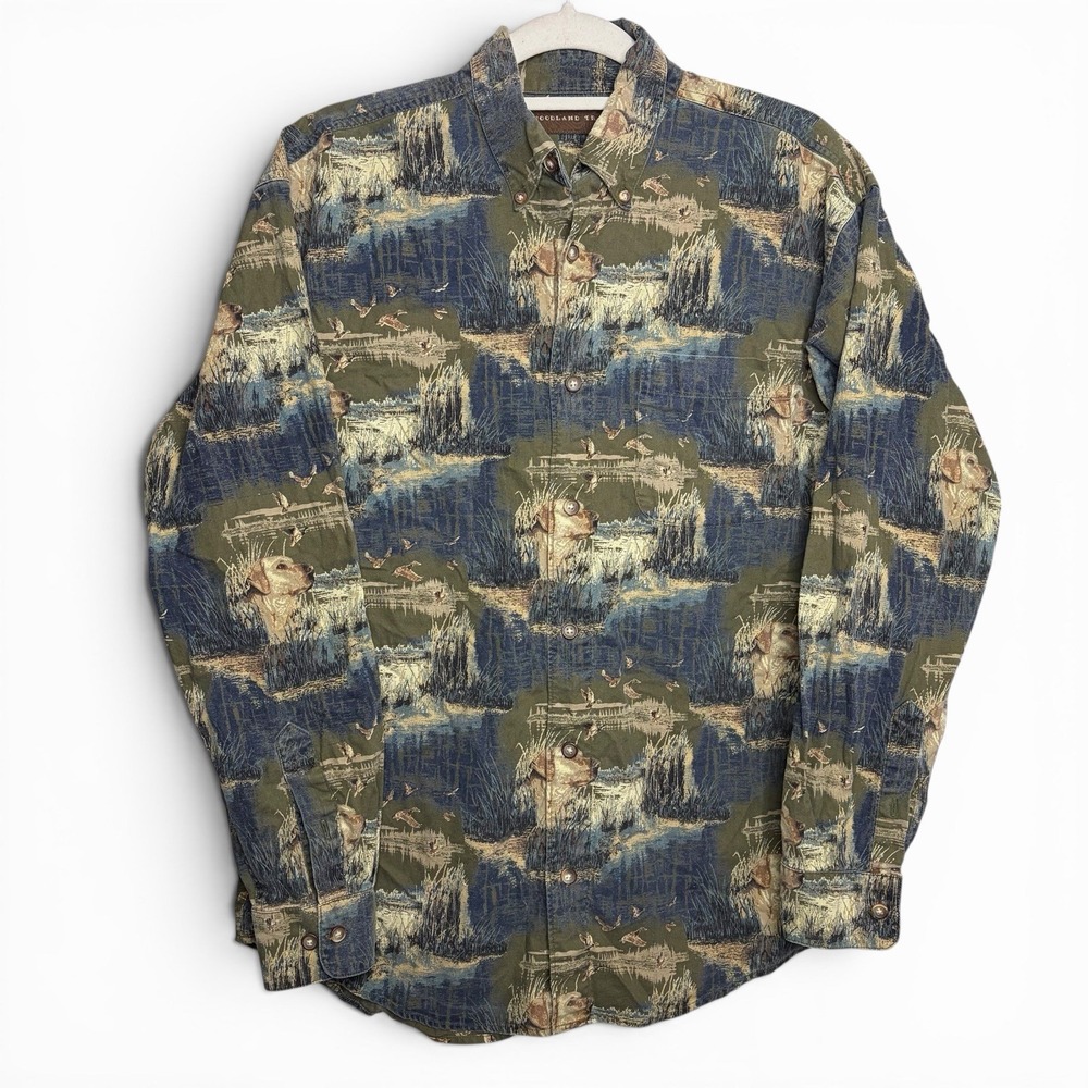 Woodland Trail Lab Labrador Retriever Duck Shirt Men's Medium Green Hunting AOP